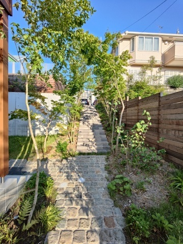 神奈川県横浜市　新築外構 法面仕上げ階段と石畳、雑木のトンネルアプローチ　Ｈ様邸